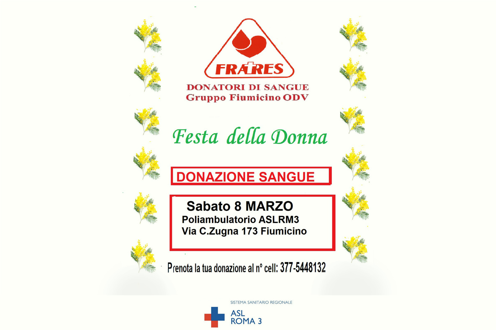 8 Marzo: Raccolta sangue al Poliambulatorio di Via Coni Zugna, 173 a Fiumicino